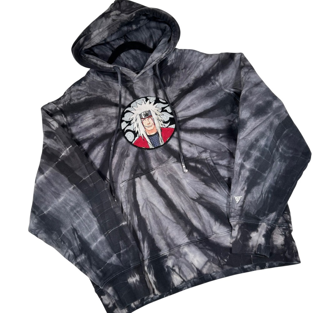 Hypland Naruto Jiraiya Hoodie Men Large Black Grey Tie Dye Chenille Patch M07035